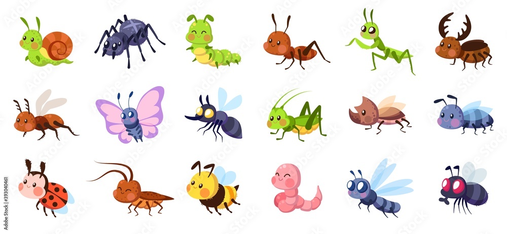 Cute cartoon insects. Funny little insect characters set baby snail, smile spider and caterpillar, little ant, colorful butterfly and comic dragonfly, vector isolated collection - obrazy, fototapety, plakaty 