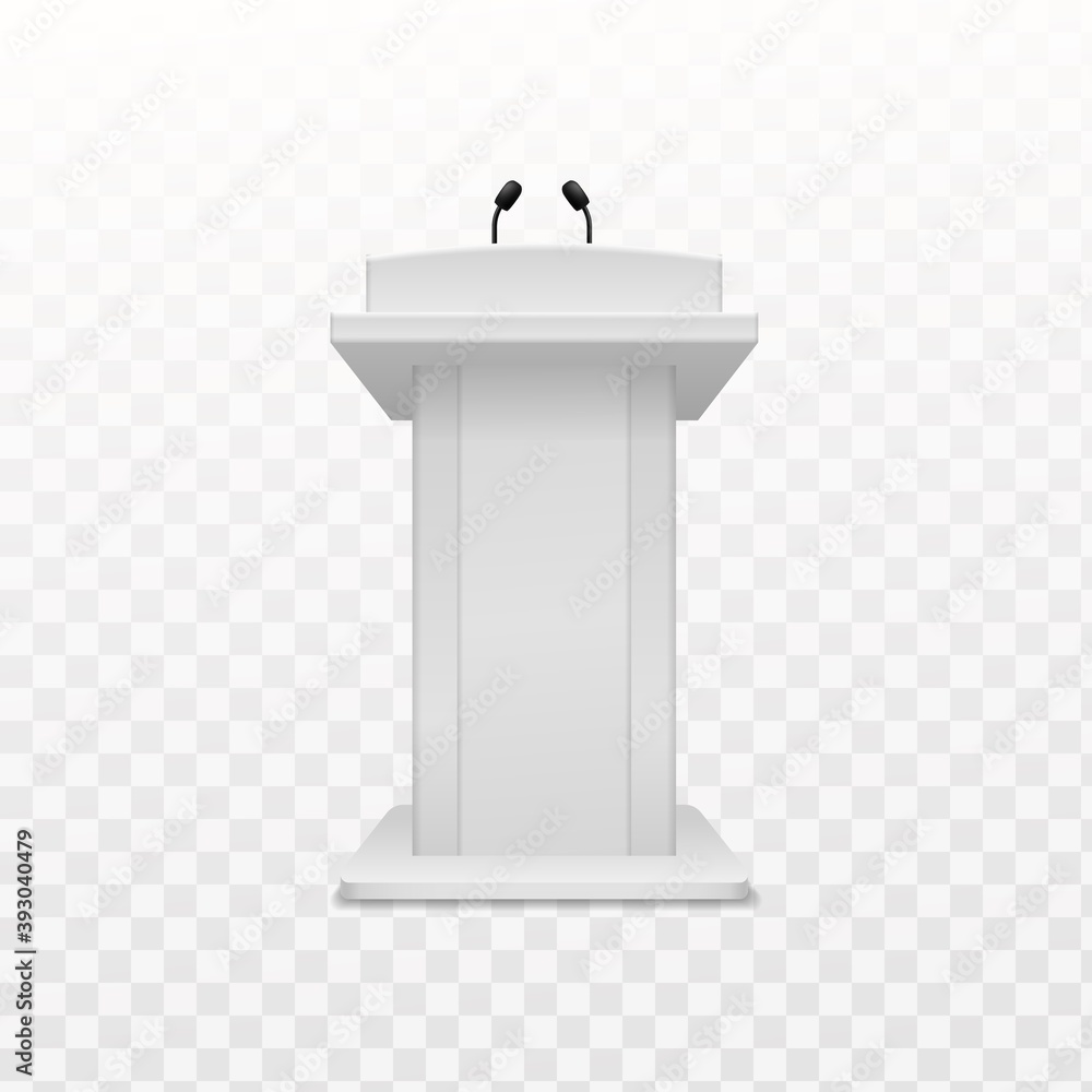 Debate speaker podium. Realistic white tribune with microphone front view, pedestal for lecture, award ceremony, press interview and political debate empty platform vector illustration Debate speaker podium. Realistic white tribune with microphone front view, pedestal for lecture, award ceremony, press interview and political debate empty platform vector illustration