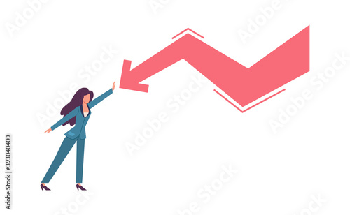 Woman try stopping falling arrow. Unpaid loan debt economic crisis and recession, sinking business and bankruptcy, company startup collapse, money problems concept vector illustration