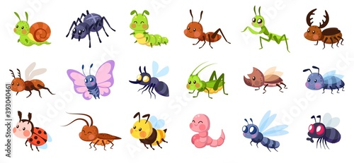 Cute cartoon insects. Funny little insect characters set baby snail, smile spider and caterpillar, little ant, colorful butterfly and comic dragonfly, vector isolated collection © YummyBuum