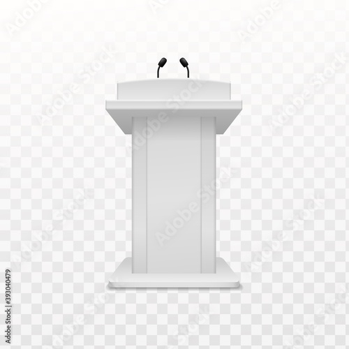 Debate speaker podium. Realistic white tribune with microphone front view, pedestal for lecture, award ceremony, press interview and political debate empty platform vector illustration