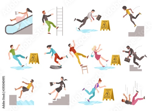 Falling people. People of different ages stumblng and jumping down stairs, slipping wet floor, injury fiasco men and women collection, vector flat cartoon isolated unbalanced characters