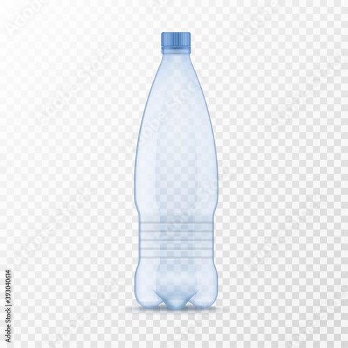 Plastic water bottle. Realistic container for mineral or soda drinks, blue empty package with cap for different liquids mockup 3d vector isolated on transparent background illustration