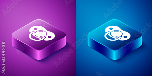 Isometric Baby dummy pacifier icon isolated on blue and purple background. Toy of a child. Square button. Vector.