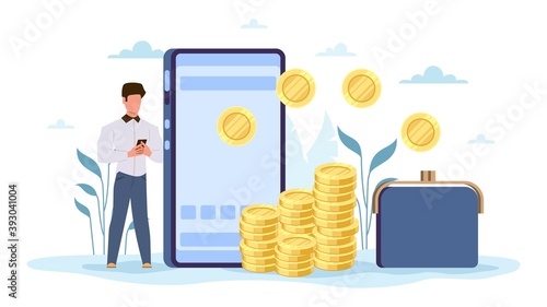 Online money transfer. Tiny man standing with phone, huge smartphone with gold coins stack and purse, e-commerce technology, payment on website or in mobile application vector concept