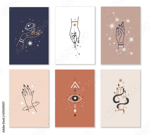 Female hands cards. Linear woman hand combination with mystic witchcraft elements in minimalistic style, gestures and mysterious objects elegant boho collection vector poster set