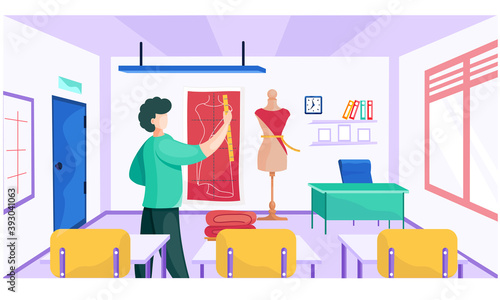 A male teacher explains a new topic. Sewing lesson at a school for seamstresses. Man shows pupils the principles of taking measurements for a dress. Class in creating clothes. Custom tailoring