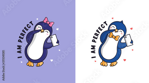 A boy and a girl penguins are taking a selfie. Cartoonish animals
