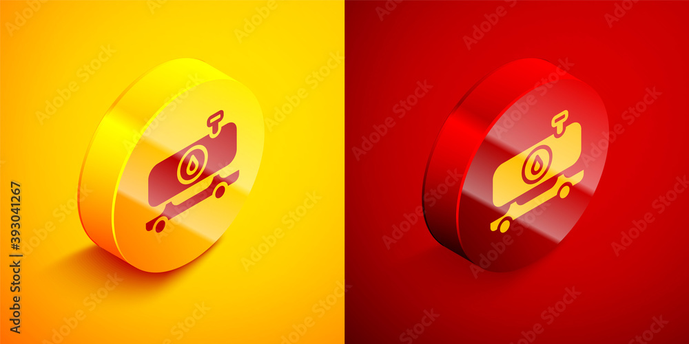 Isometric Fuel tanker truck icon isolated on orange and red background. Gasoline tanker. Circle button. Vector. Isometric Fuel tanker truck icon isolated on orange and red background. Gasoline tanker. Circle button. Vector.