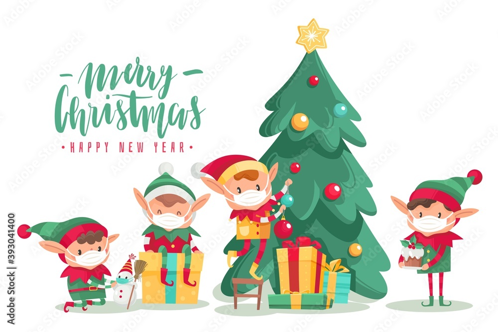 Christmas characters in masks poster. Cartoon vector elves in protective mask, decorated tree with gifts. Antiviral protective measure, stop spread viruses and beware epidemic covid-19 Christmas characters in masks poster. Cartoon vector elves in protective mask, decorated tree with gifts. Antiviral protective measure, stop spread viruses and beware epidemic covid-19