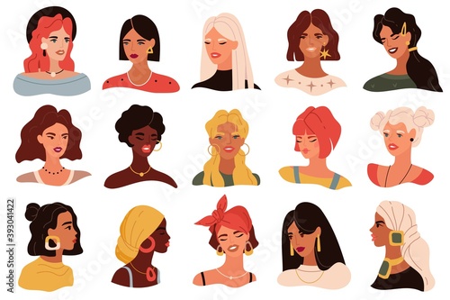 Female portrait. Women trendy images collection, modern multi ethnic girls heads icons, profile and full face with hairstyles. Blonde, brunette and red hair girls vector avatar set