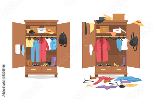 Messy clothes in wardrobe. Garments before, after organization in wooden closet, organized and thrown clothing shoes and accessories, cleaning and storing things, female vector concept