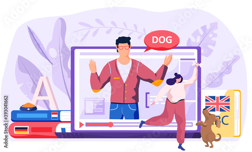 Online Internet language courses flat vector illustration. Foreign speech study at home using computer. Man teacher leads a lesson, conducts a distance class for a girl playing with her funny dog