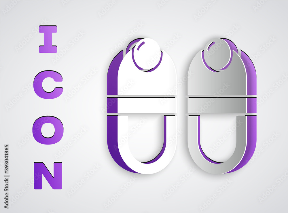 Paper cut Slippers icon isolated on grey background. Flip flops sign. Paper art style. Vector. Paper cut Slippers icon isolated on grey background. Flip flops sign. Paper art style. Vector.