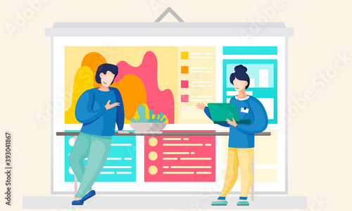 Guy and a girl communicate during a break in the studio. A woman stands with a laptop and discusses with a man. Office staff working day. Business workflow management. People spend time together