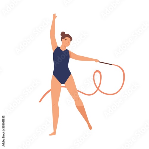 Young graceful woman doing professional rhythmic gymnastics. Gymnast performer in leotard doing elegant exercise with ribbon. Flat vector cartoon illustration of sportswoman isolated on white