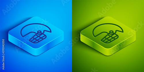 Isometric line American football helmet icon isolated on blue and green background. Square button. Vector Illustration.