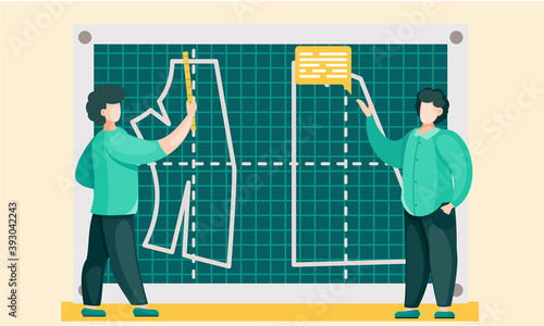 Men explain the principles of building patterns on the board. Cloth planning. Preparation for tailoring and sewing. Measurement of parameters for the future garment. Fashion designer during work