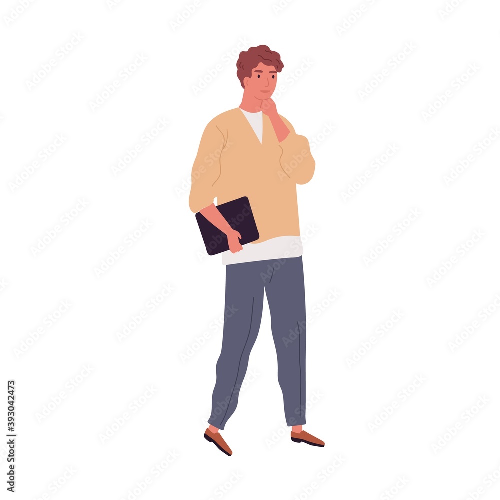 Fototapeta premium Pensive employee or businessman holding laptop. Young male character carrying papers or tablet. Adult modern man in casual clothes. Flat vector cartoon illustration isolated on white