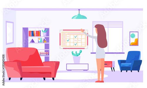 Young woman in short dress is standing in livingroom with chair, window, bookcase, picture at home. Flat style vector illustration, back view. A girl designer planning the interior of the room
