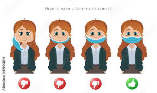 How to wear a face mask correct. Girl presenting the correct method of wearing a face mask. The wright and wrong way to wear a mask.