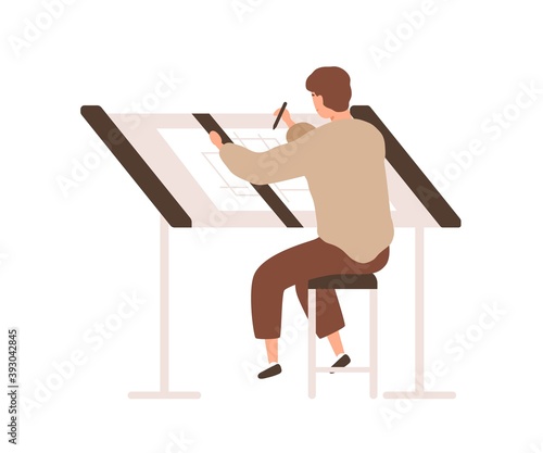 Architect designer sit at desk and drawing architectural plan with pencil and...