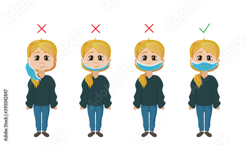 How to wear a face mask correct. Girl presenting the correct method of wearing a face mask. The wright and wrong way to wear a mask.