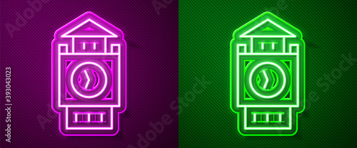 Glowing neon line Big Ben tower icon isolated on purple and green background. Symbol of London and United Kingdom. Vector.