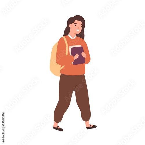 Happy girl go to school and carrying pile of books. Scene of smiling schoolgirl or cheerful student with backpack. Flat vector cartoon illustration of female teenage pupil isolated on white