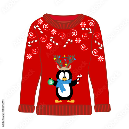 Christmas ugly sweater with penguin vector illustration