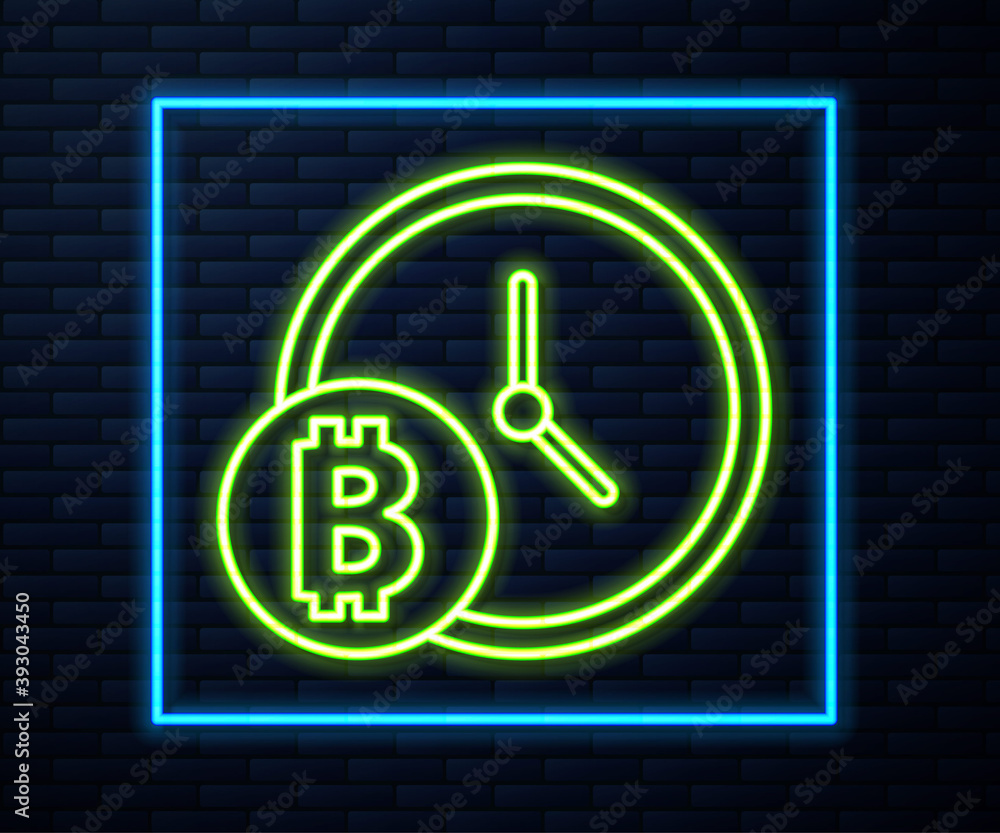 Glowing neon line Cryptocurrency coin Bitcoin with clock icon isolated on brick wall background. Physical bit coin. Blockchain based secure crypto currency. Vector. Glowing neon line Cryptocurrency coin Bitcoin with clock icon isolated on brick wall background. Physical bit coin. Blockchain based secure crypto currency. Vector.