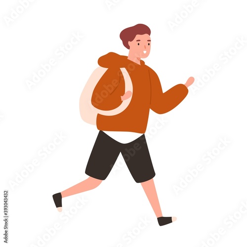 Cute boy running to school. Portrait of teenage schoolboy in hurry with backpack. Flat vector cartoon illustration of male pupil in haste isolated on white © Good Studio