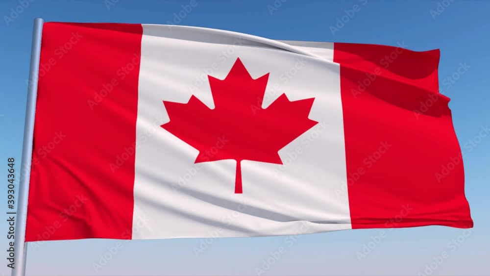 Realistic Waving National Flag of Canada In The Wind With Pole On Clear Blue Sky 3D Rendering Seamless Loop Animation With Alpha Matte Realistic Waving National Flag of Canada In The Wind With Pole On Clear Blue Sky 3D Rendering Seamless Loop Animation With Alpha Matte