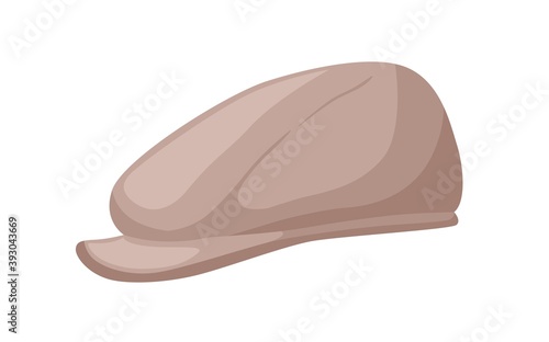 Traditional gentleman beige coppola hat in retro style. Autumn male headdress or kepi for golf. Flat vector cartoon illustration of classic headgear isolated on white background