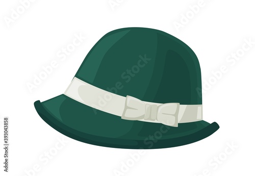 Retro green women hat in 30s or 20s style. Woolen female vintage headwear decorated with ribbon and bow. Flat vector cartoon illustration of headgear with hatband isolated on white background