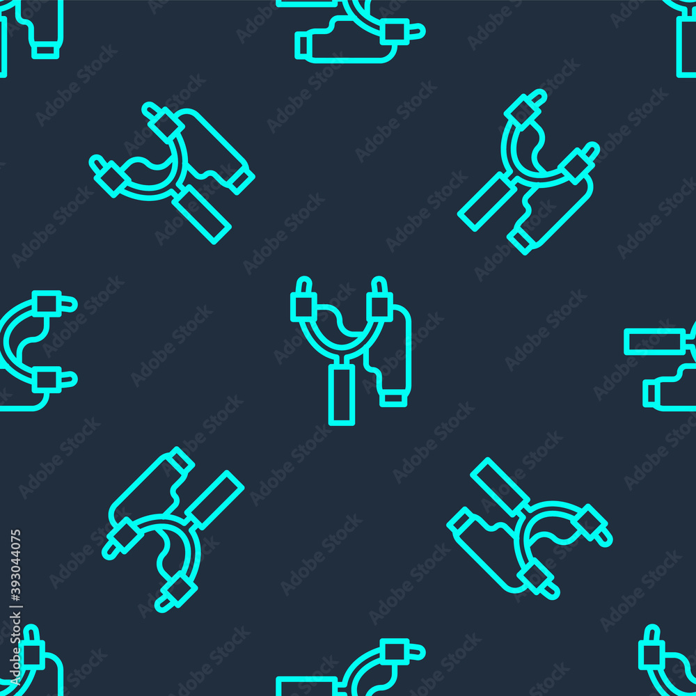 Green line Slingshot icon isolated seamless pattern on blue background. Vector. Green line Slingshot icon isolated seamless pattern on blue background. Vector.