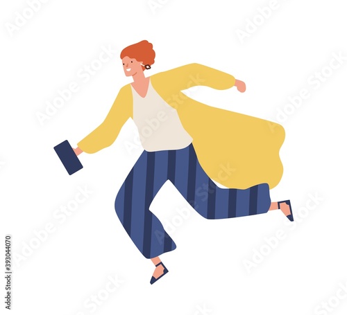 Happy woman in stylish clothes moving in a hurry. Scene of trendy female running character holding clutch bag. Flat vector cartoon illustration isolated on white
