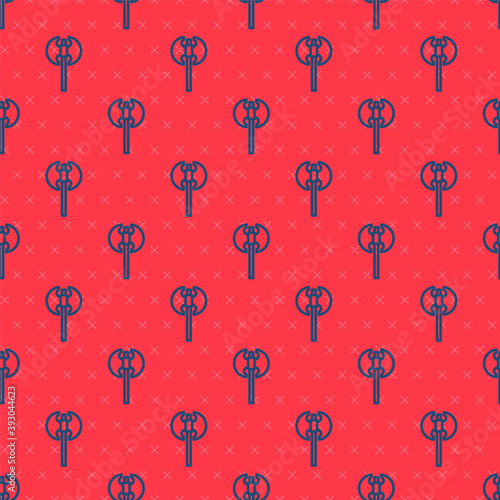 Blue line Medieval axe icon isolated seamless pattern on red background. Battle axe, executioner axe. Medieval weapon. Vector.