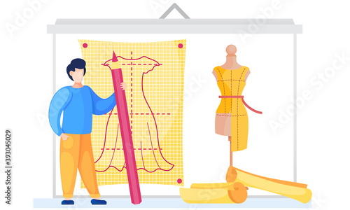 Man drawing the plan for sewing clothes. Male professional writes the length of a dress. Future cloth planning. Pattern of clothes on yellow paper on the background. Mannequin with unfinished dress
