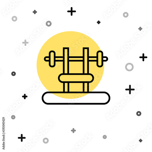 Black line Bench with barbel icon isolated on white background. Gym equipment. Bodybuilding, powerlifting, fitness concept. Random dynamic shapes. Vector.