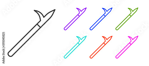 Black line Metal pike pole with wooden handle icon isolated on white background. Spear, pickaxe, hook hand extinguishing instrument and tool for fireman. Set icons colorful. Vector.