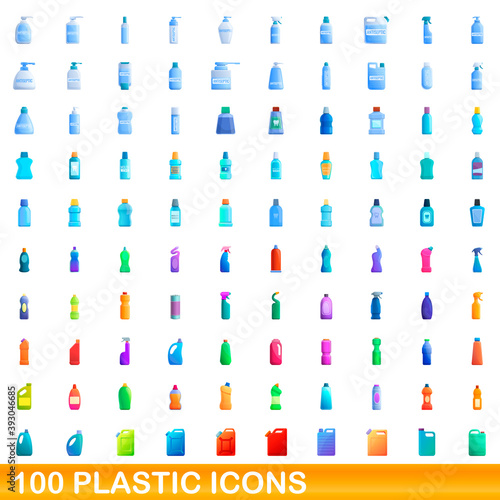100 plastic icons set. Cartoon illustration of 100 plastic icons vector set isolated on white background