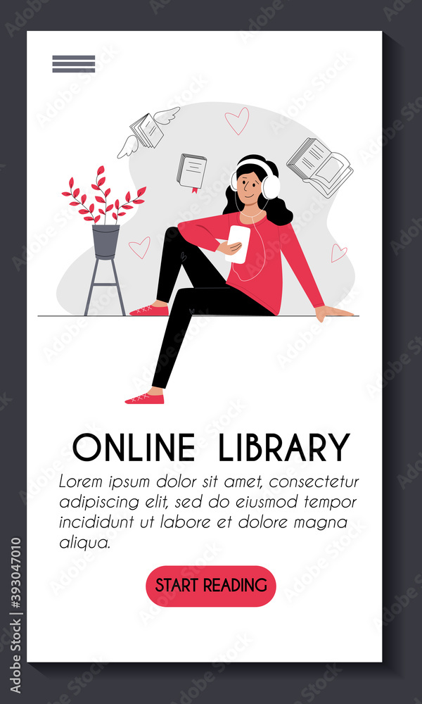 Mobile app template. Online library e learning. Young cute woman in headphones with a smartphone listens to audio books. Website home page design. Stock vector modern flat concept illustration Mobile app template. Online library e learning. Young cute woman in headphones with a smartphone listens to audio books. Website home page design. Stock vector modern flat concept illustration
