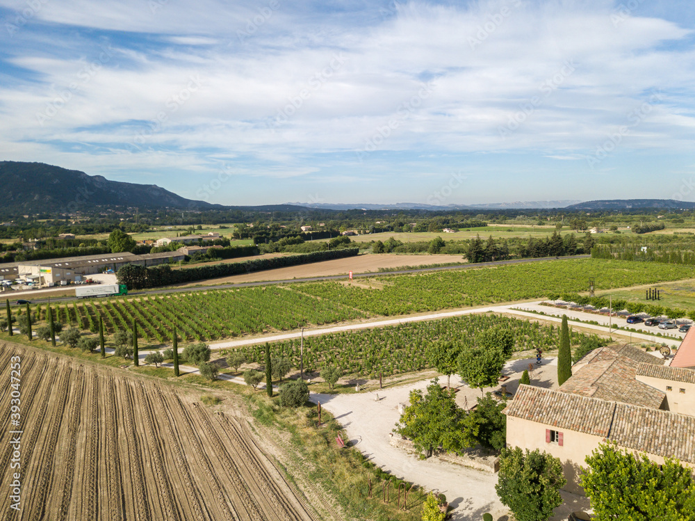 Aerial view of vineyards in the countryside of the Provence region in south France