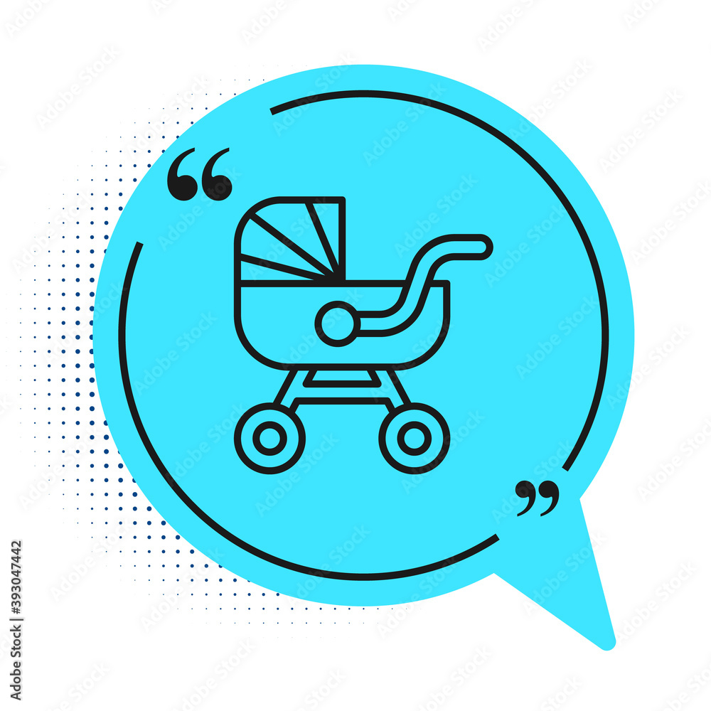 Black line Baby stroller icon isolated on white background. Baby carriage, buggy, pram, stroller, wheel. Blue speech bubble symbol. Vector. Black line Baby stroller icon isolated on white background. Baby carriage, buggy, pram, stroller, wheel. Blue speech bubble symbol. Vector.