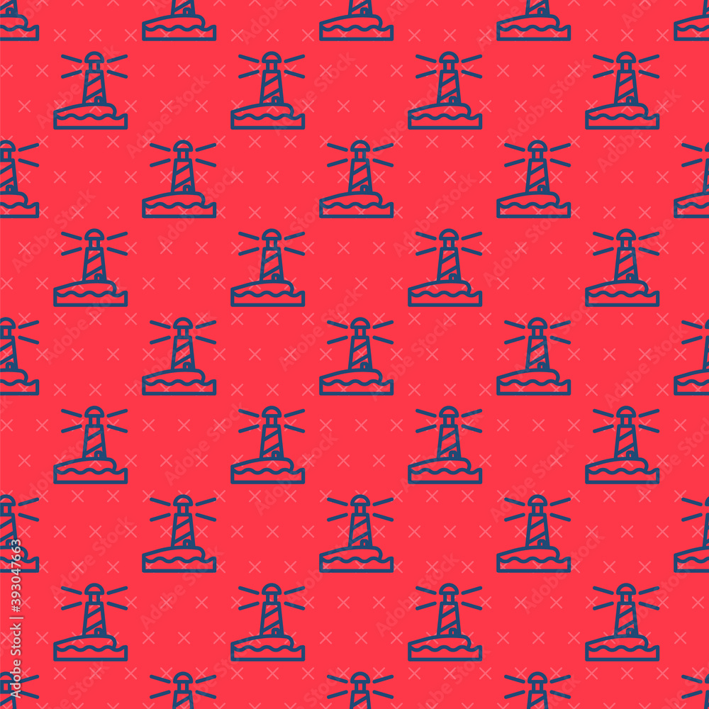 Blue line Lighthouse icon isolated seamless pattern on red background. Vector.