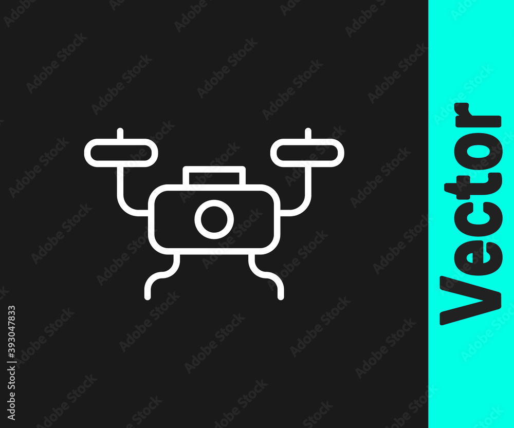 White line Drone flying icon isolated on black background. Quadrocopter with video and photo camera symbol. Vector. White line Drone flying icon isolated on black background. Quadrocopter with video and photo camera symbol. Vector.