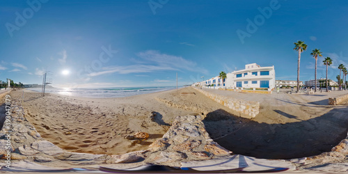 360 image early in the morning of Altafulla beach in Catalonia, Mediterranean Sea photo
