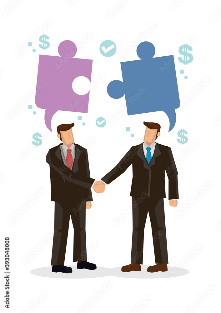 Obraz premium Business people shaking hands, connecting jigsaw puzzle in their mind.