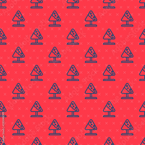 Blue line Road sign avalanches icon isolated seamless pattern on red background. Snowslide or snowslip rapid flow of snow down a sloping surface. Vector.